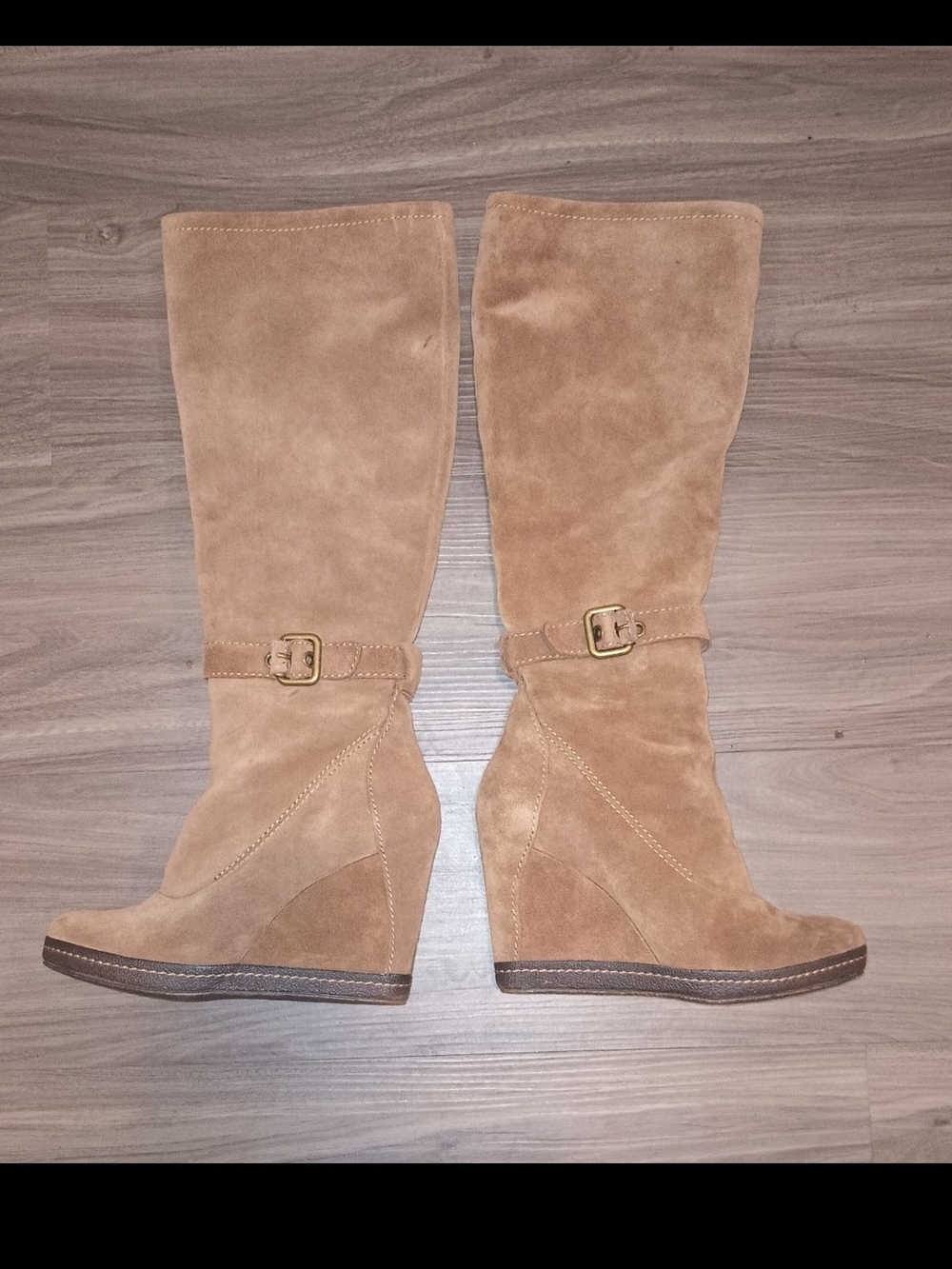 Suede Mid-Calf Wedge Boots in Tan